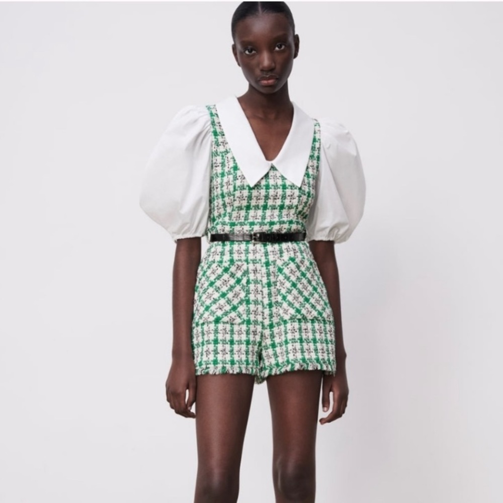 Green puff sleeve Zara romper with belt NWT